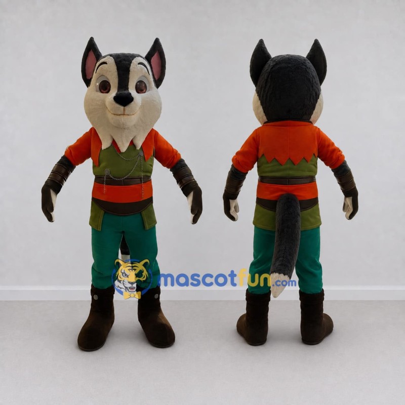 Custom Gray Orange and Green Wolf in Tunic Mascot Costume Adult Full Body Suit for Themed Parties Custom Gray Orange and Green Wolf in Tunic Mascot Costume Adult Full Body Suit for Themed Parties