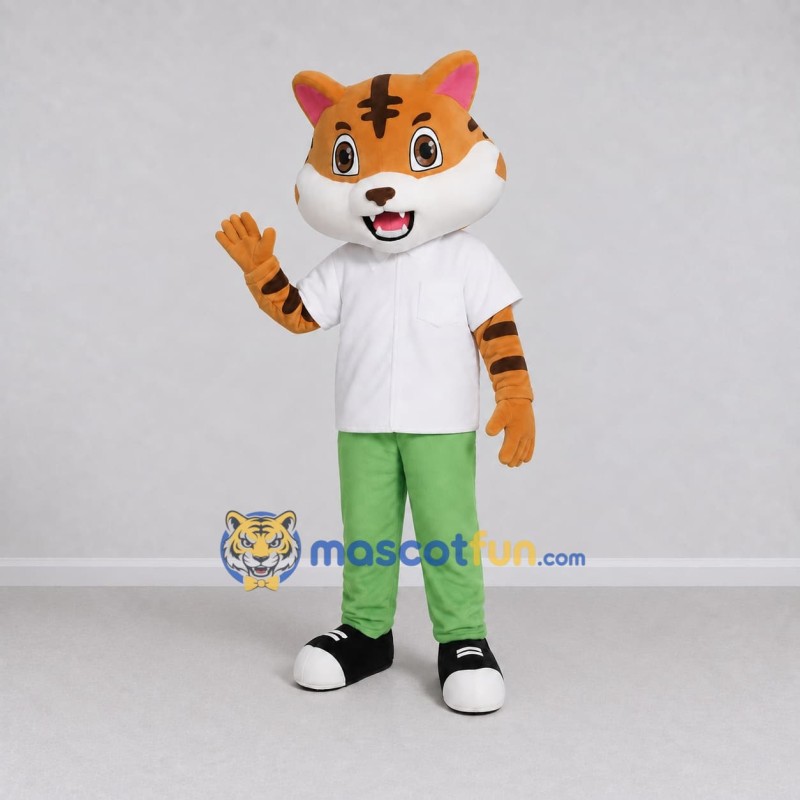 Custom Orange White and Green Tiger in Shirt and Pants Mascot Costume Adult Full Body Suit for School Events Custom Orange White and Green Tiger in Shirt and Pants Mascot Costume Adult Full Body Suit for School Events