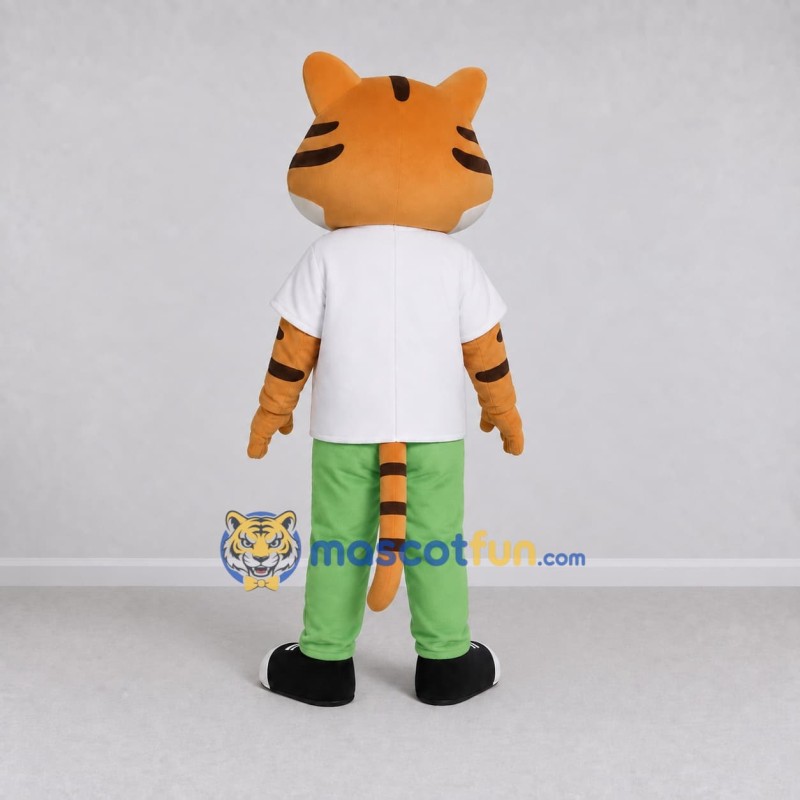 Custom Orange White and Green Tiger in Shirt and Pants Mascot Costume Adult Full Body Suit for School Events Custom Orange White and Green Tiger in Shirt and Pants Mascot Costume Adult Full Body Suit for School Events