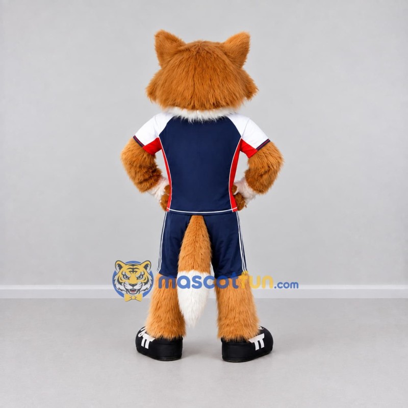 Custom Orange Navy Blue and Red Fox in Sportswear Mascot Costume Adult Full Body Suit for Sports Events Custom Orange Navy Blue and Red Fox in Sportswear Mascot Costume Adult Full Body Suit for Sports Events
