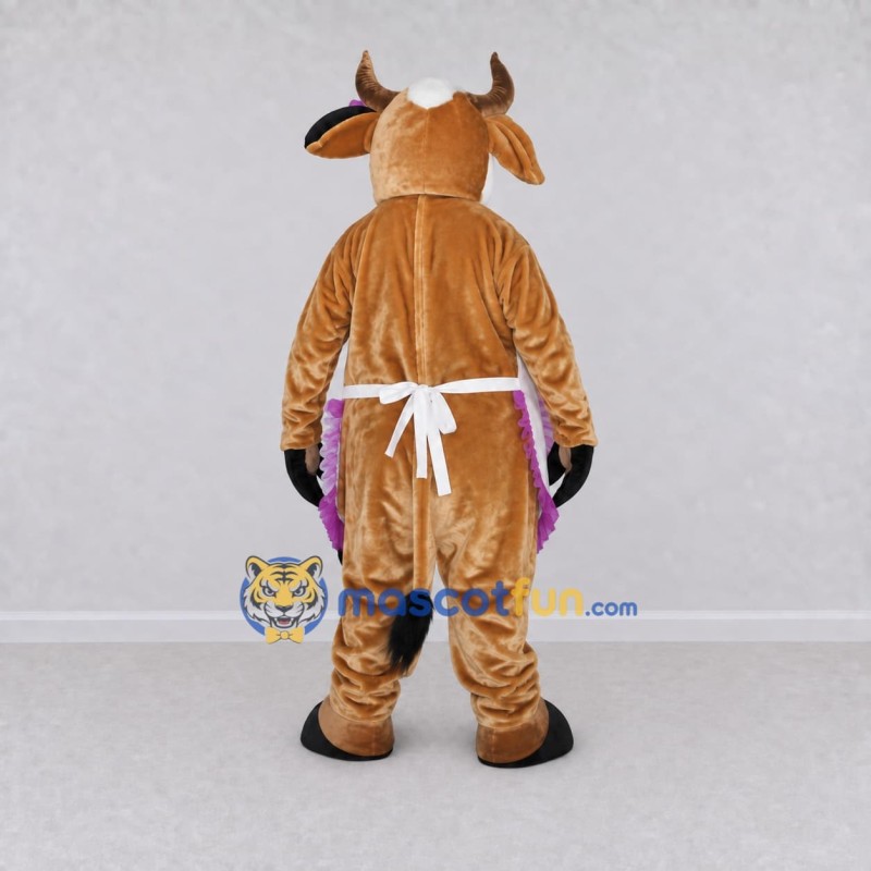Custom Brown White and Purple Cow in Apron Mascot Costume Adult Full Body Suit for Farm Events