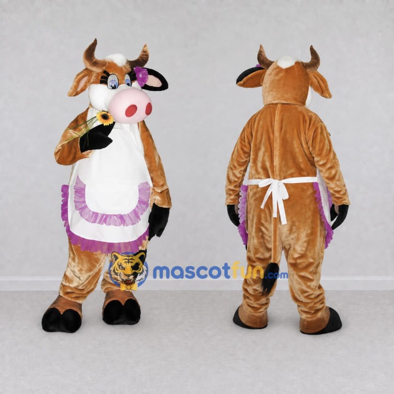 Custom Brown White and Purple Cow in Apron Mascot Costume Adult Full Body Suit for Farm Events