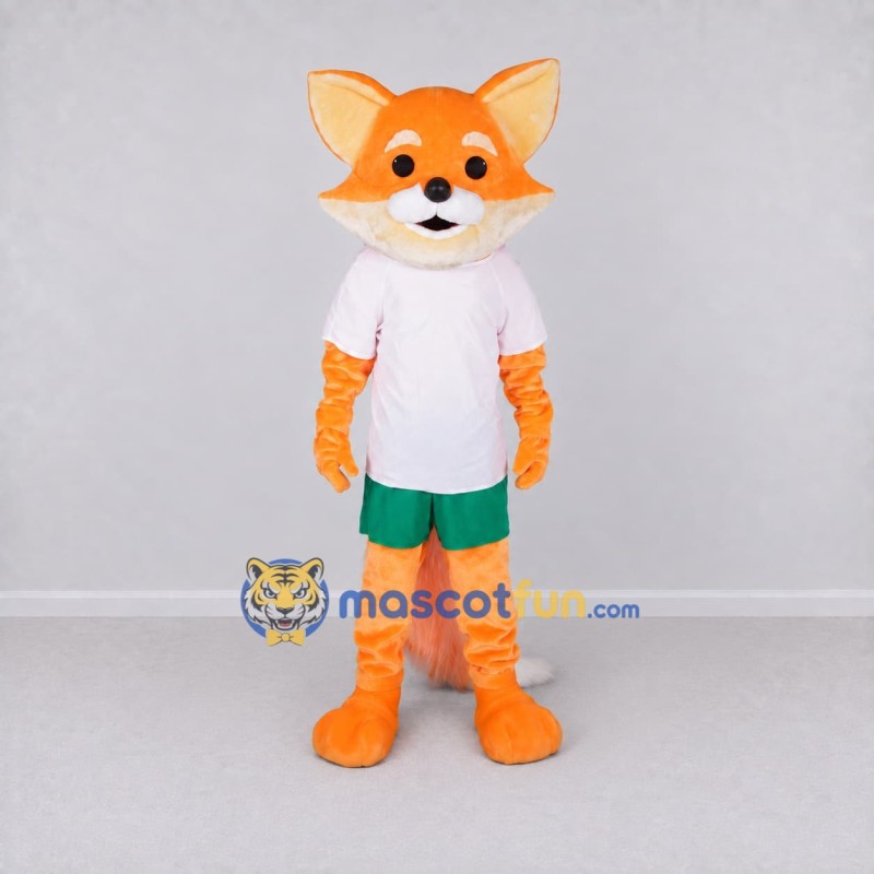Custom Orange White and Green Fox in Sportswear Mascot Costume Adult Full Body Suit for Sports Events Custom Orange White and Green Fox in Sportswear Mascot Costume Adult Full Body Suit for Sports Events