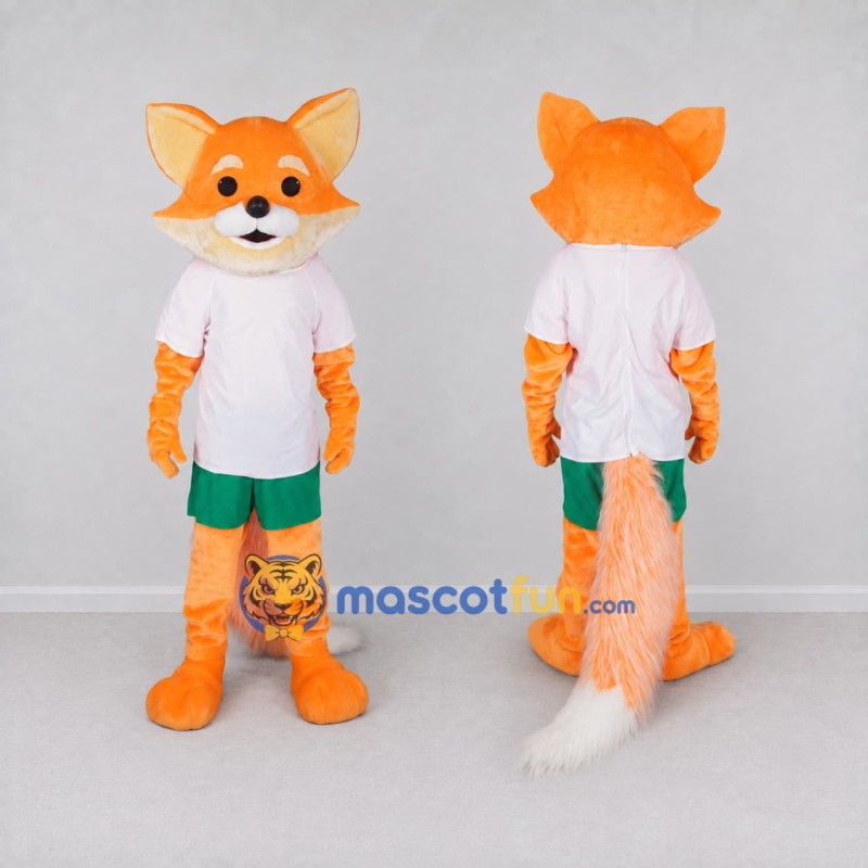 Custom Orange White and Green Fox in Sportswear Mascot Costume Adult Full Body Suit for Sports Events Custom Orange White and Green Fox in Sportswear Mascot Costume Adult Full Body Suit for Sports Events