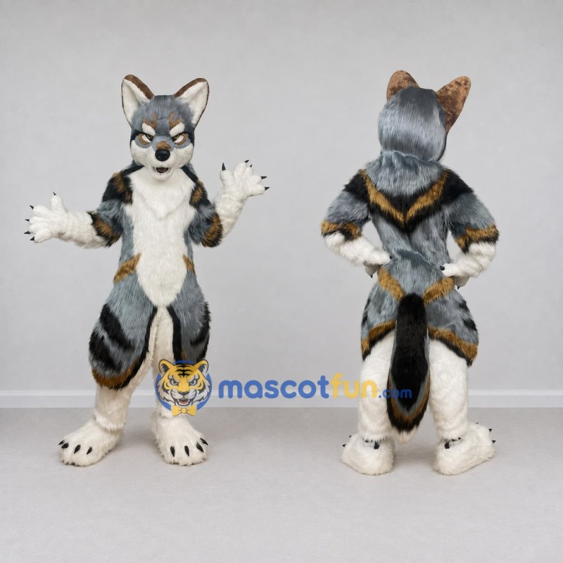 Custom Gray Black and Tan Canine Character Mascot Costume Adult Full Body Suit for School Events Custom Gray Black and Tan Canine Character Mascot Costume Adult Full Body Suit for School Events