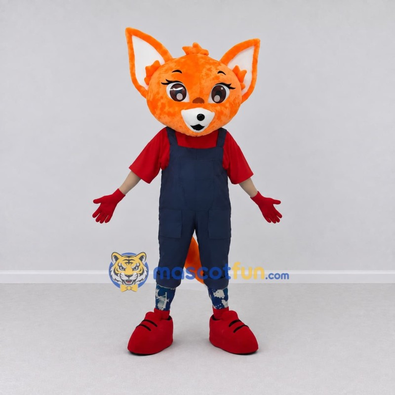 Custom Orange Red and Navy Blue Fox in Overalls Mascot Costume Adult Full Body Suit for School Events Custom Orange Red and Navy Blue Fox in Overalls Mascot Costume Adult Full Body Suit for School Events