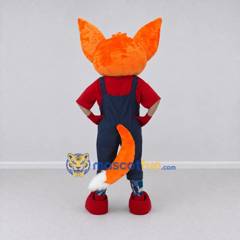 Custom Orange Red and Navy Blue Fox in Overalls Mascot Costume Adult Full Body Suit for School Events Custom Orange Red and Navy Blue Fox in Overalls Mascot Costume Adult Full Body Suit for School Events