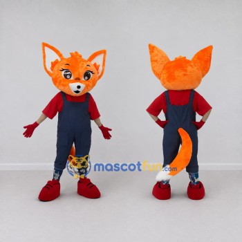 Custom Orange Red and Navy Blue Fox in Overalls Mascot Costume Adult Full Body Suit for School Events