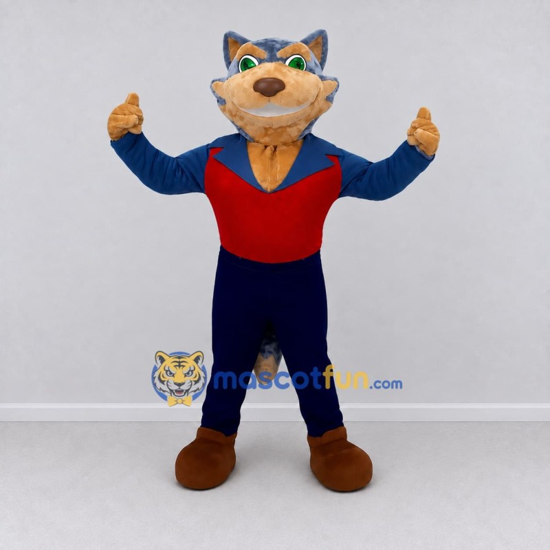 Custom Blue Tan and Red Wolf in Vest Mascot Costume Adult Full Body Suit for Themed Parties