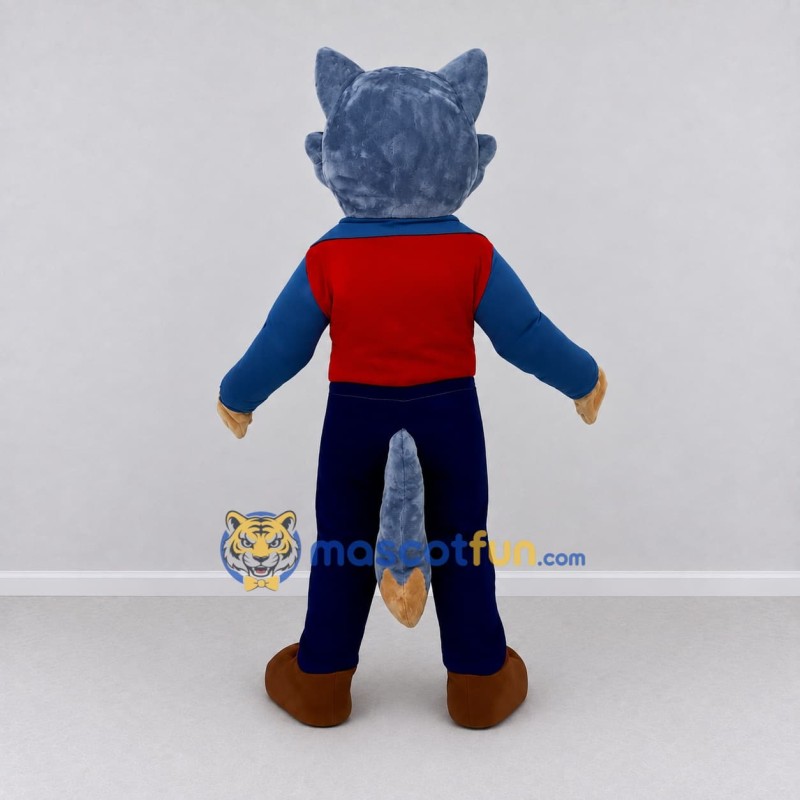 Custom Blue Tan and Red Wolf in Vest Mascot Costume Adult Full Body Suit for Themed Parties
