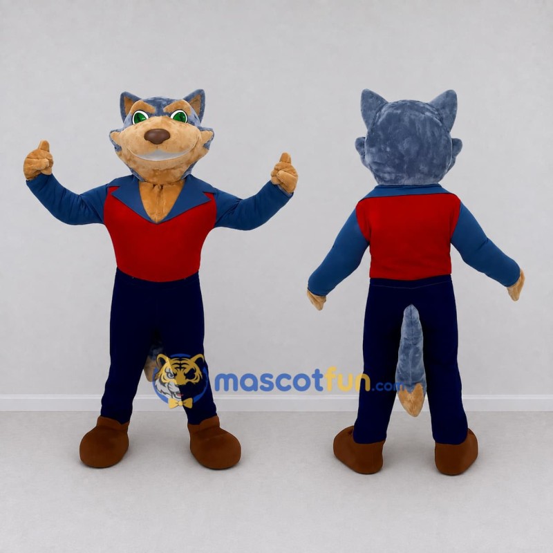 Custom Blue Tan and Red Wolf in Vest Mascot Costume Adult Full Body Suit for Themed Parties