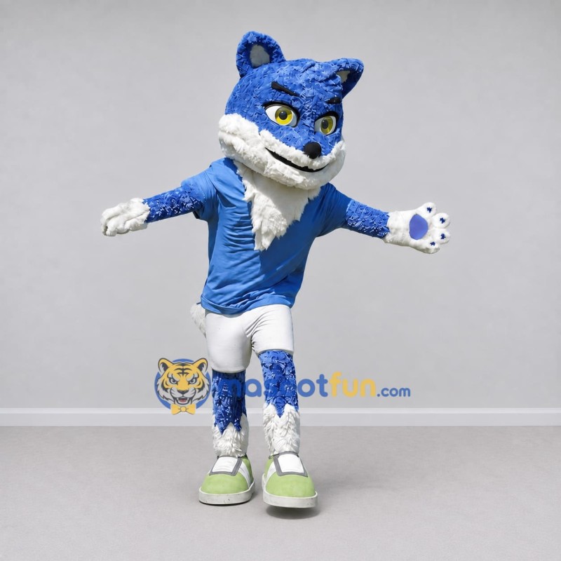 Custom Blue and White Fox in Sportswear Mascot Costume Adult Full Body Suit for Sports Events Custom Blue and White Fox in Sportswear Mascot Costume Adult Full Body Suit for Sports Events