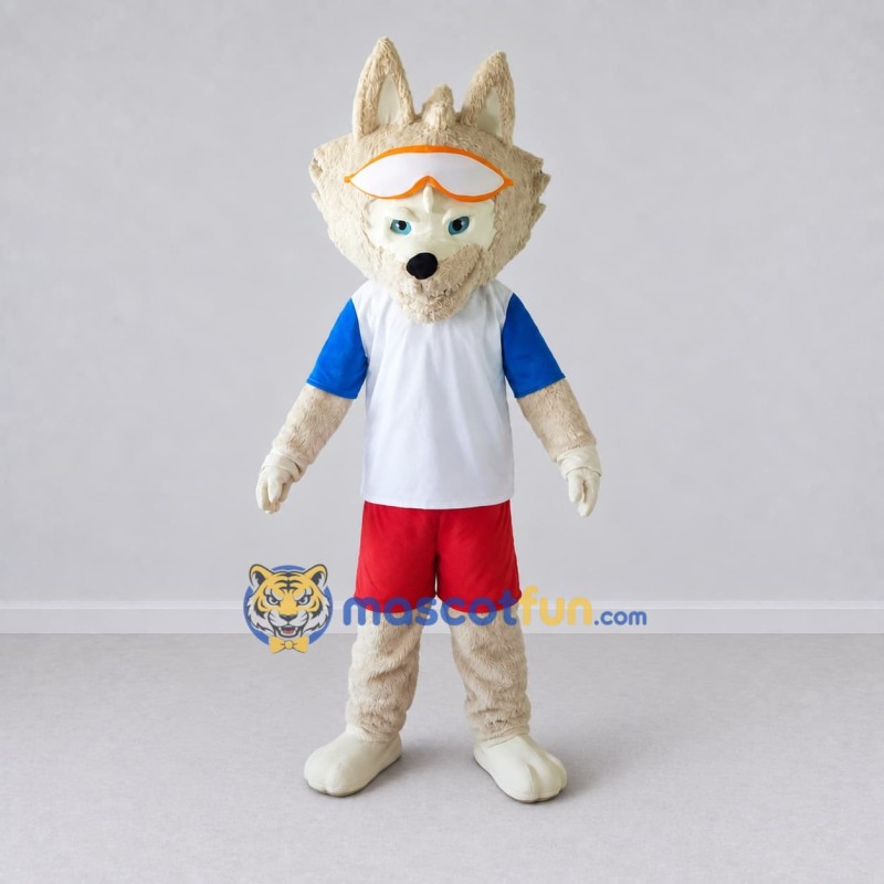 Custom Cream White and Red Wolf in Sportswear Mascot Costume Adult Full Body Suit for Sports Events