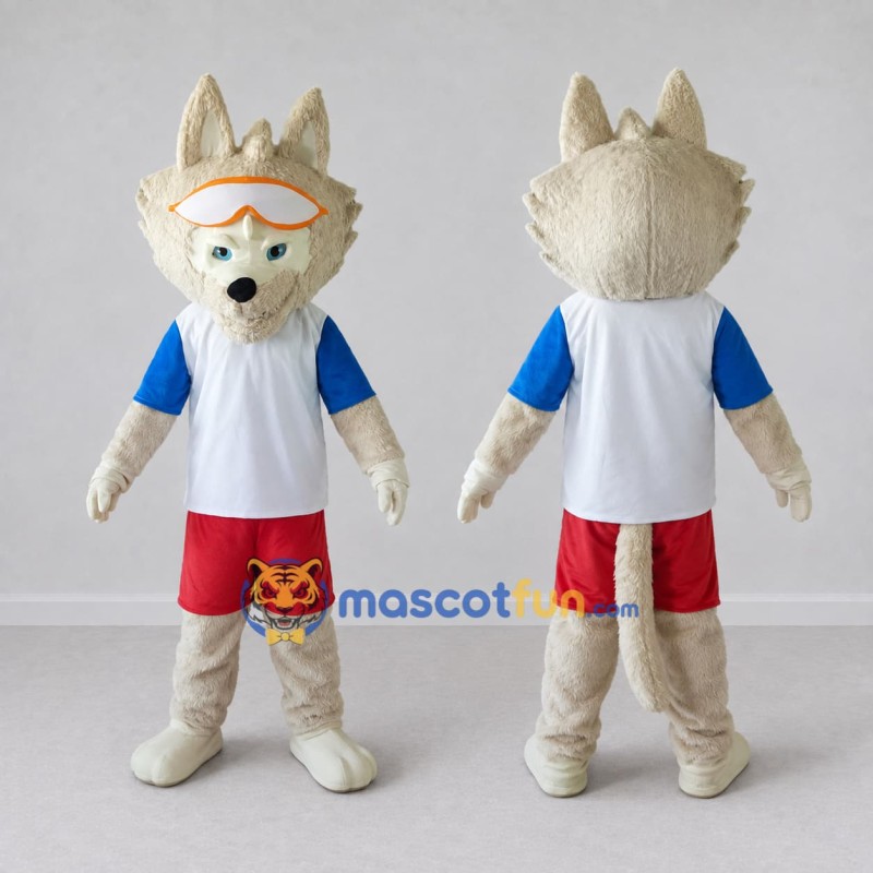 Custom Cream White and Red Wolf in Sportswear Mascot Costume Adult Full Body Suit for Sports Events