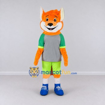 Custom Orange Gray and Green Fox in Sportswear Mascot Costume Adult Full Body Suit for Sports Events