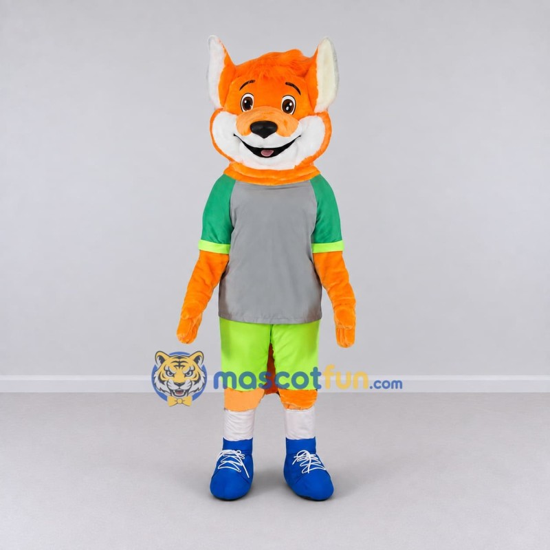 Custom Orange Gray and Green Fox in Sportswear Mascot Costume Adult Full Body Suit for Sports Events Custom Orange Gray and Green Fox in Sportswear Mascot Costume Adult Full Body Suit for Sports Events