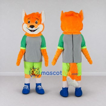 Custom Orange Gray and Green Fox in Sportswear Mascot Costume Adult Full Body Suit for Sports Events