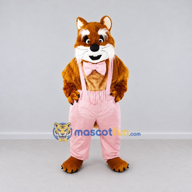 Custom Brown and Pink Red Panda in Suspenders Mascot Costume Adult Full Body Suit for Themed Parties Custom Brown and Pink Red Panda in Suspenders Mascot Costume Adult Full Body Suit for Themed Parties