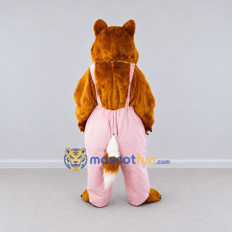 Custom Brown and Pink Red Panda in Suspenders Mascot Costume Adult Full Body Suit for Themed Parties Custom Brown and Pink Red Panda in Suspenders Mascot Costume Adult Full Body Suit for Themed Parties