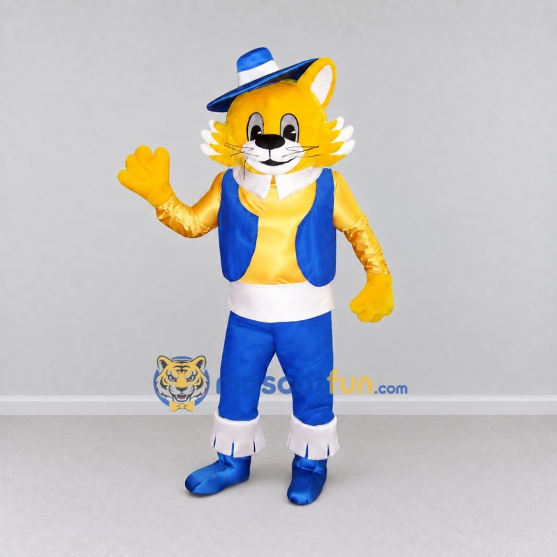 Custom Yellow and Blue Cat in Hat and Vest Mascot Costume Adult Full Body Suit for Themed Parties Custom Yellow and Blue Cat in Hat and Vest Mascot Costume Adult Full Body Suit for Themed Parties