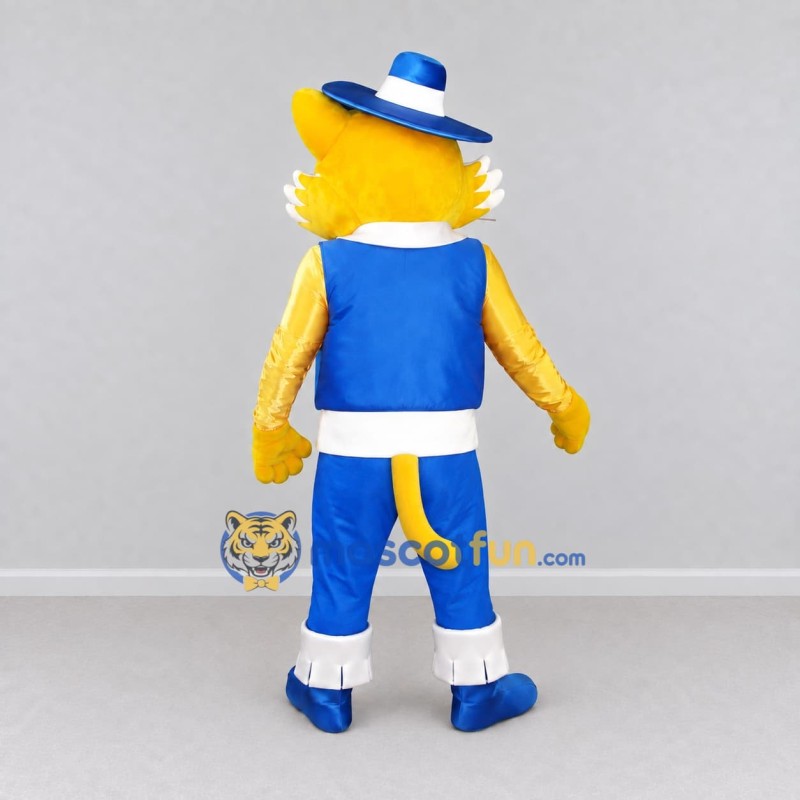 Custom Yellow and Blue Cat in Hat and Vest Mascot Costume Adult Full Body Suit for Themed Parties Custom Yellow and Blue Cat in Hat and Vest Mascot Costume Adult Full Body Suit for Themed Parties