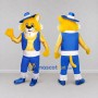 Custom Yellow and Blue Cat in Hat and Vest Mascot Costume Adult Full Body Suit for Themed Parties