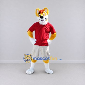 Custom Yellow Red and White Canine Character in Sportswear Mascot Costume Adult Full Body Suit for Sports Events