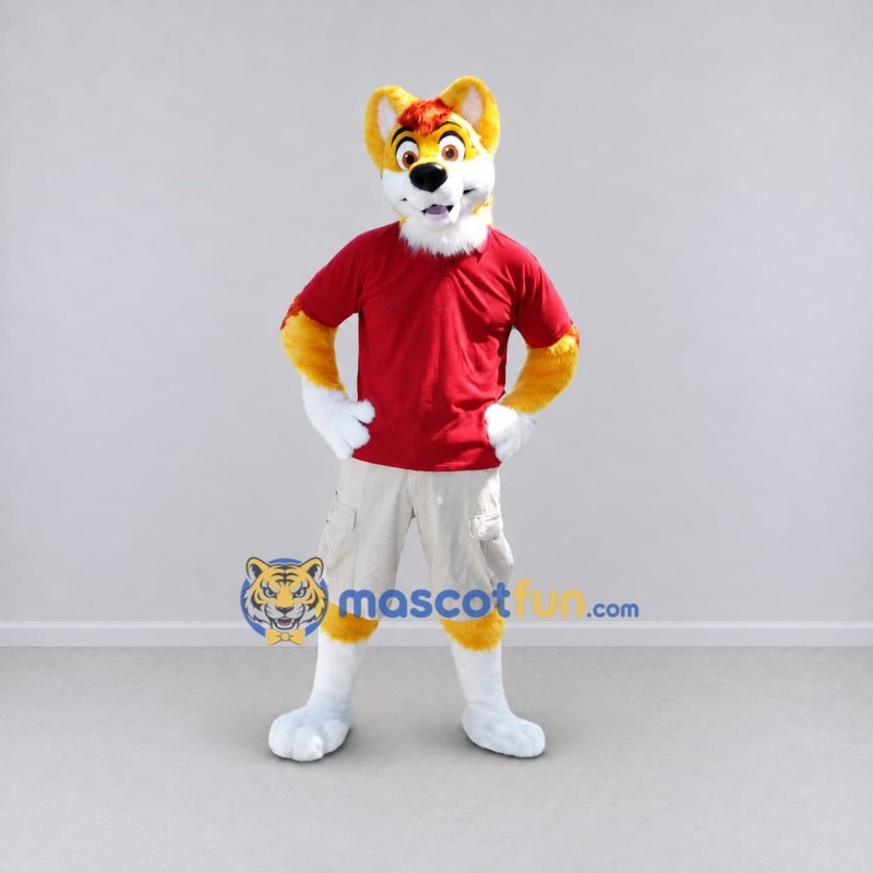 Custom Yellow Red and White Canine Character in Sportswear Mascot Costume Adult Full Body Suit for Sports Events Custom Yellow Red and White Canine Character in Sportswear Mascot Costume Adult Full Body Suit for Sports Events