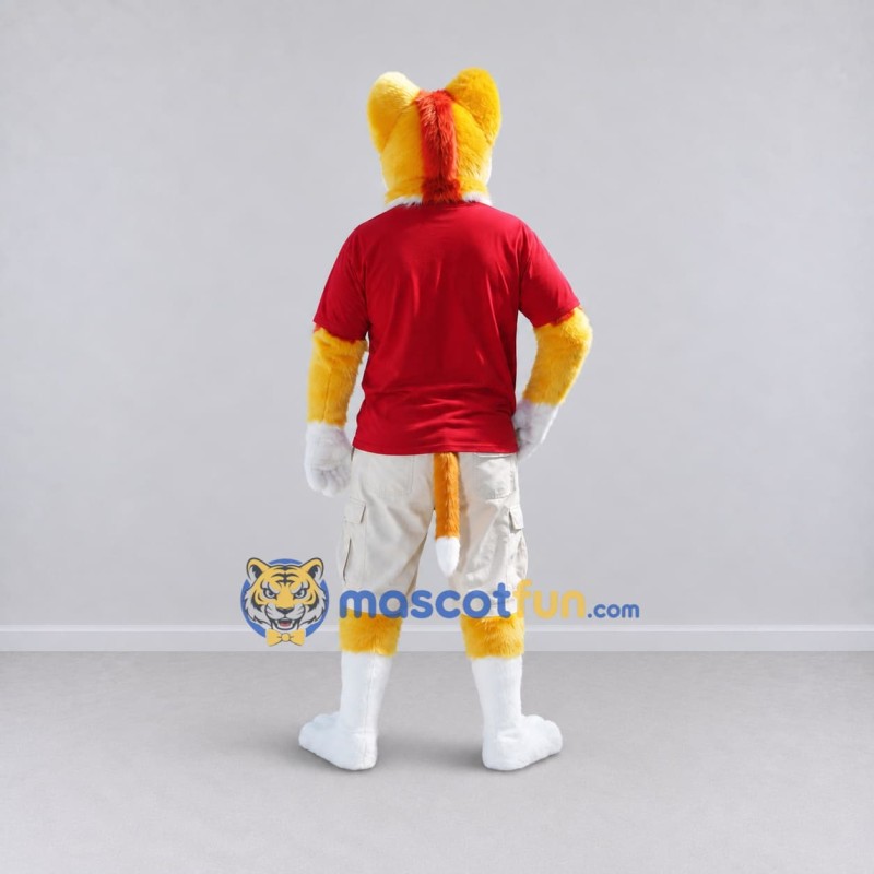 Custom Yellow Red and White Canine Character in Sportswear Mascot Costume Adult Full Body Suit for Sports Events Custom Yellow Red and White Canine Character in Sportswear Mascot Costume Adult Full Body Suit for Sports Events