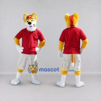 Custom Yellow Red and White Canine Character in Sportswear Mascot Costume Adult Full Body Suit for Sports Events