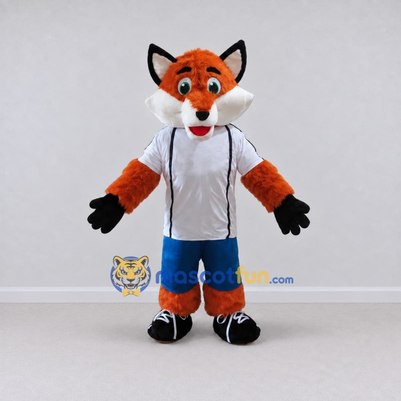 Custom Orange White and Blue Fox in Sportswear Mascot Costume Adult Full Body Suit for Sports Events Custom Orange White and Blue Fox in Sportswear Mascot Costume Adult Full Body Suit for Sports Events