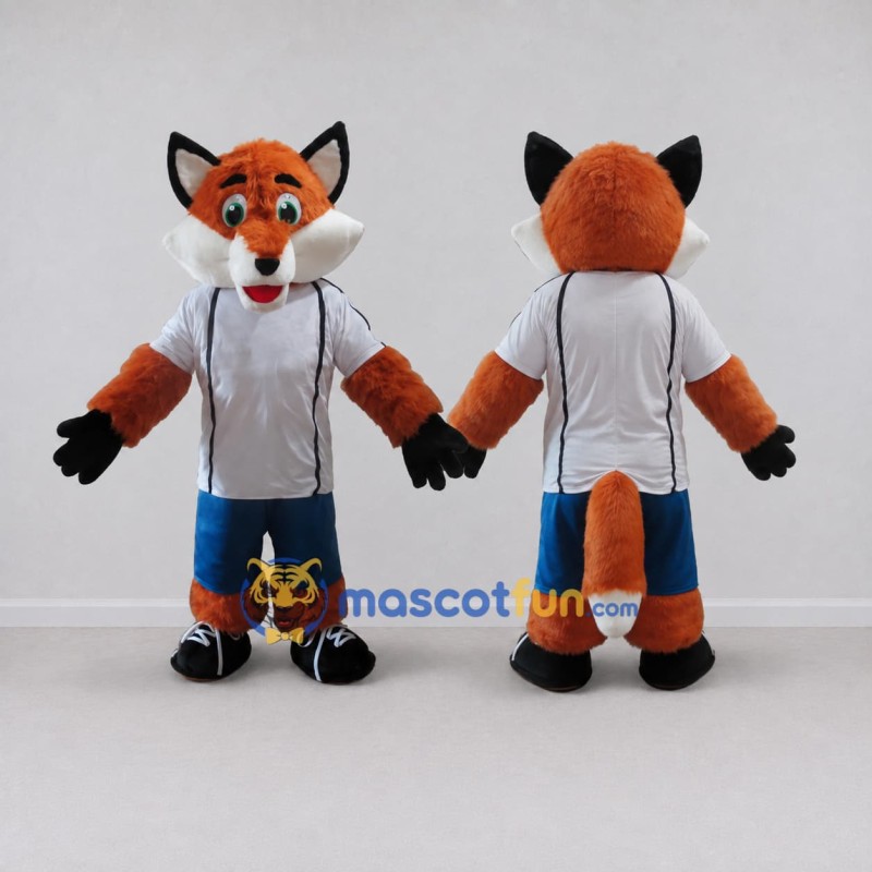 Custom Orange White and Blue Fox in Sportswear Mascot Costume Adult Full Body Suit for Sports Events Custom Orange White and Blue Fox in Sportswear Mascot Costume Adult Full Body Suit for Sports Events