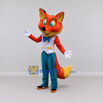 Custom Orange White and Teal Fox in Vest Mascot Costume Adult Full Body Suit for Themed Parties Custom Orange White and Teal Fox in Vest Mascot Costume Adult Full Body Suit for Themed Parties