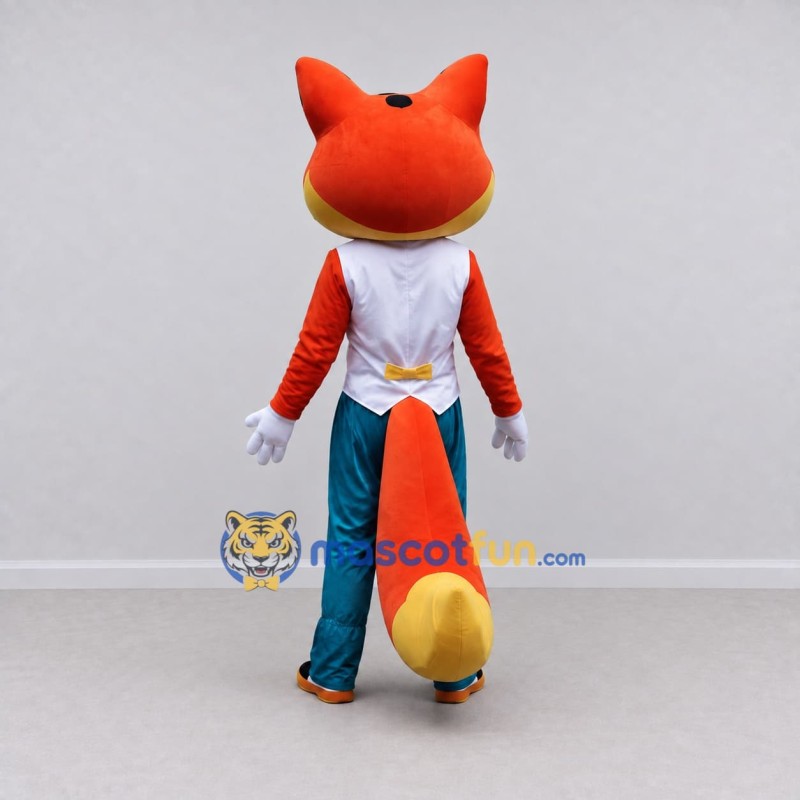 Custom Orange White and Teal Fox in Vest Mascot Costume Adult Full Body Suit for Themed Parties Custom Orange White and Teal Fox in Vest Mascot Costume Adult Full Body Suit for Themed Parties