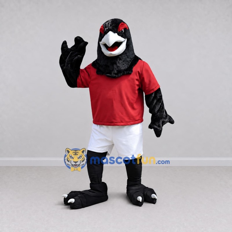 Custom Black Red and White Bird in Sportswear Mascot Costume Adult Full Body Suit for Sports Events Custom Black Red and White Bird in Sportswear Mascot Costume Adult Full Body Suit for Sports Events