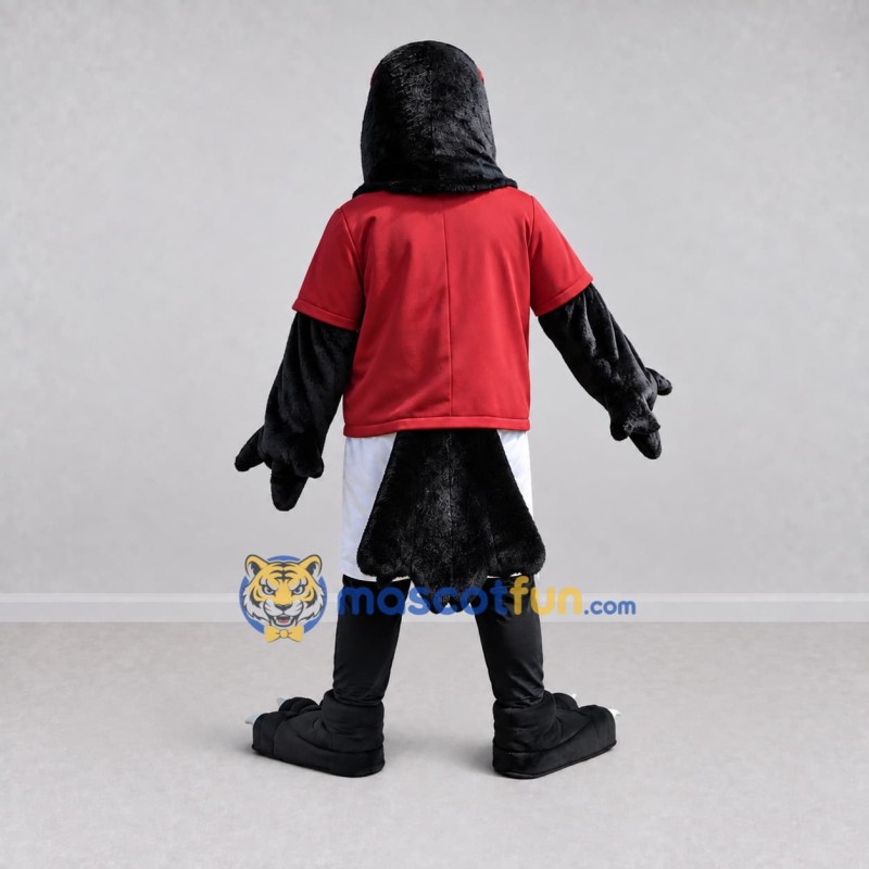 Custom Black Red and White Bird in Sportswear Mascot Costume Adult Full Body Suit for Sports Events Custom Black Red and White Bird in Sportswear Mascot Costume Adult Full Body Suit for Sports Events