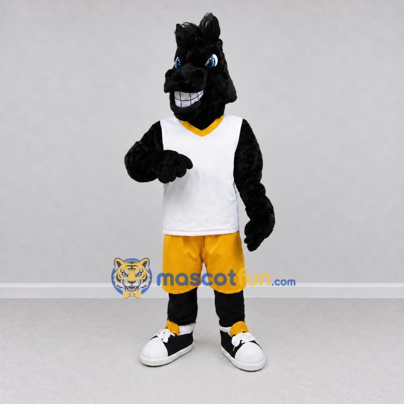 Custom Black White and Yellow Horse in Sportswear Mascot Costume Adult Full Body Suit for Sports Events Custom Black White and Yellow Horse in Sportswear Mascot Costume Adult Full Body Suit for Sports Events