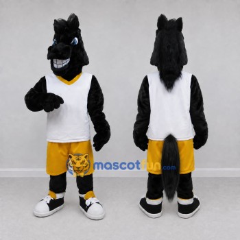 Custom Black White and Yellow Horse in Sportswear Mascot Costume Adult Full Body Suit for Sports Events