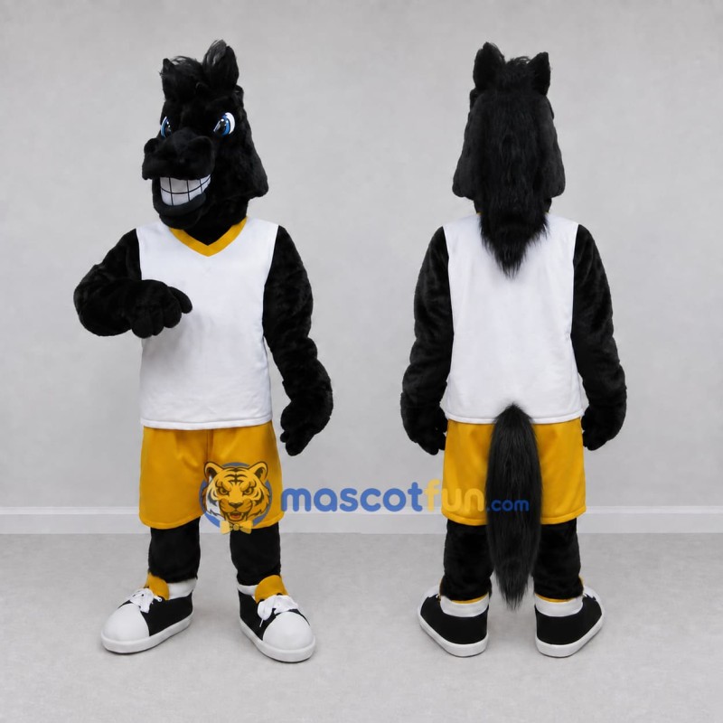 Custom Black White and Yellow Horse in Sportswear Mascot Costume Adult Full Body Suit for Sports Events Custom Black White and Yellow Horse in Sportswear Mascot Costume Adult Full Body Suit for Sports Events