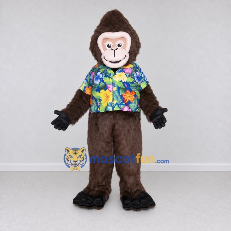 Custom Brown and Multicolor Ape in Floral Shirt Mascot Costume Adult Full Body Suit for Themed Parties Custom Brown and Multicolor Ape in Floral Shirt Mascot Costume Adult Full Body Suit for Themed Parties