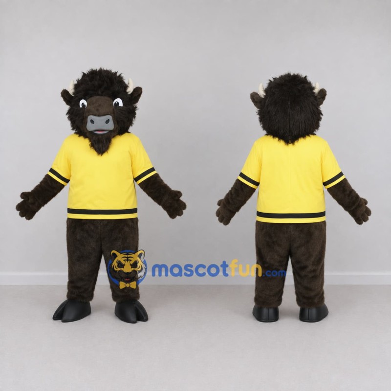 Custom Brown and Yellow Bison in Sportswear Mascot Costume Adult Full Body Suit for Sports Events Custom Brown and Yellow Bison in Sportswear Mascot Costume Adult Full Body Suit for Sports Events