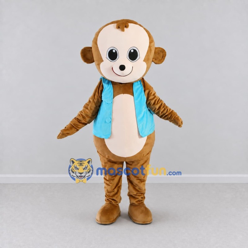 Custom Tan and Light Blue Monkey in Vest Mascot Costume Adult Full Body Suit for School Events Custom Tan and Light Blue Monkey in Vest Mascot Costume Adult Full Body Suit for School Events