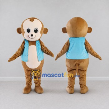Custom Tan and Light Blue Monkey in Vest Mascot Costume Adult Full Body Suit for School Events