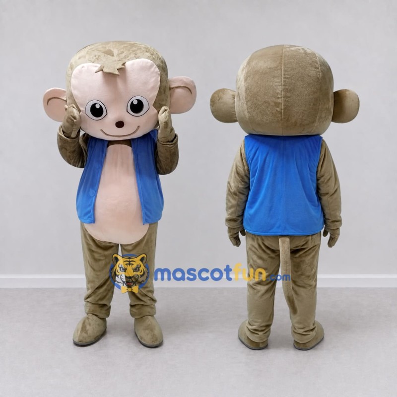 Custom Tan and Blue Monkey in Vest Mascot Costume Adult Full Body Suit for School Events Custom Tan and Blue Monkey in Vest Mascot Costume Adult Full Body Suit for School Events