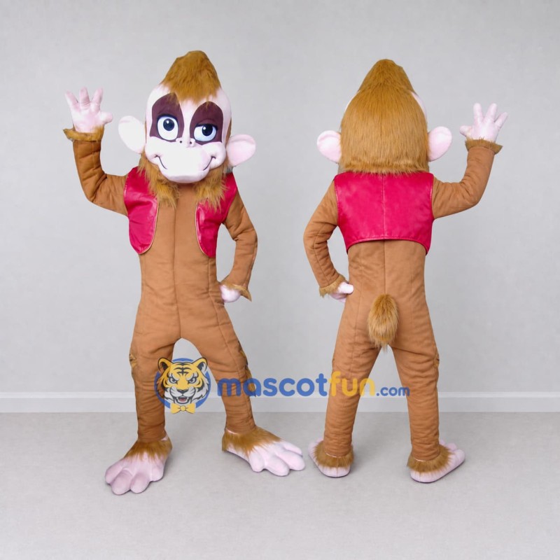 Custom Tan and Pink Monkey in Vest Mascot Costume Adult Full Body Suit for School Events Custom Tan and Pink Monkey in Vest Mascot Costume Adult Full Body Suit for School Events