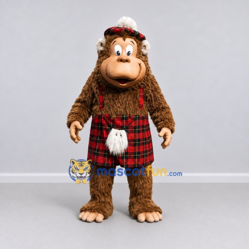 Custom Brown and Red Monkey in Tartan Kilt Mascot Costume Adult Full Body Suit for Themed Parties Custom Brown and Red Monkey in Tartan Kilt Mascot Costume Adult Full Body Suit for Themed Parties