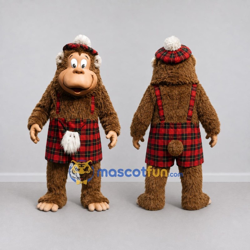 Custom Brown and Red Monkey in Tartan Kilt Mascot Costume Adult Full Body Suit for Themed Parties Custom Brown and Red Monkey in Tartan Kilt Mascot Costume Adult Full Body Suit for Themed Parties