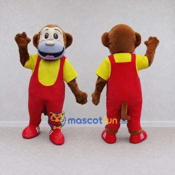 Custom Brown Red and Yellow Monkey in Overalls Mascot Costume Adult Full Body Suit for School Events