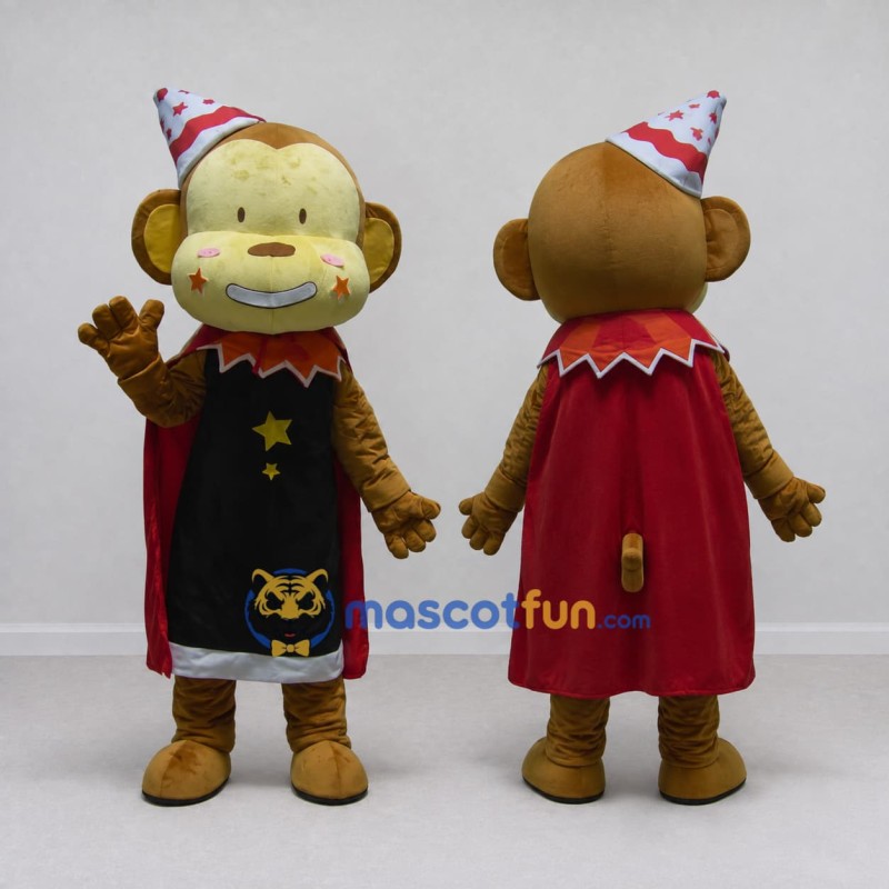 Custom Tan Red and Black Monkey Magician Mascot Costume Adult Full Body Suit for Themed Parties Custom Tan Red and Black Monkey Magician Mascot Costume Adult Full Body Suit for Themed Parties