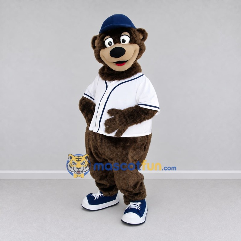 Custom Brown White and Blue Bear in Baseball Jersey Mascot Costume Adult Full Body Suit for Sports Events